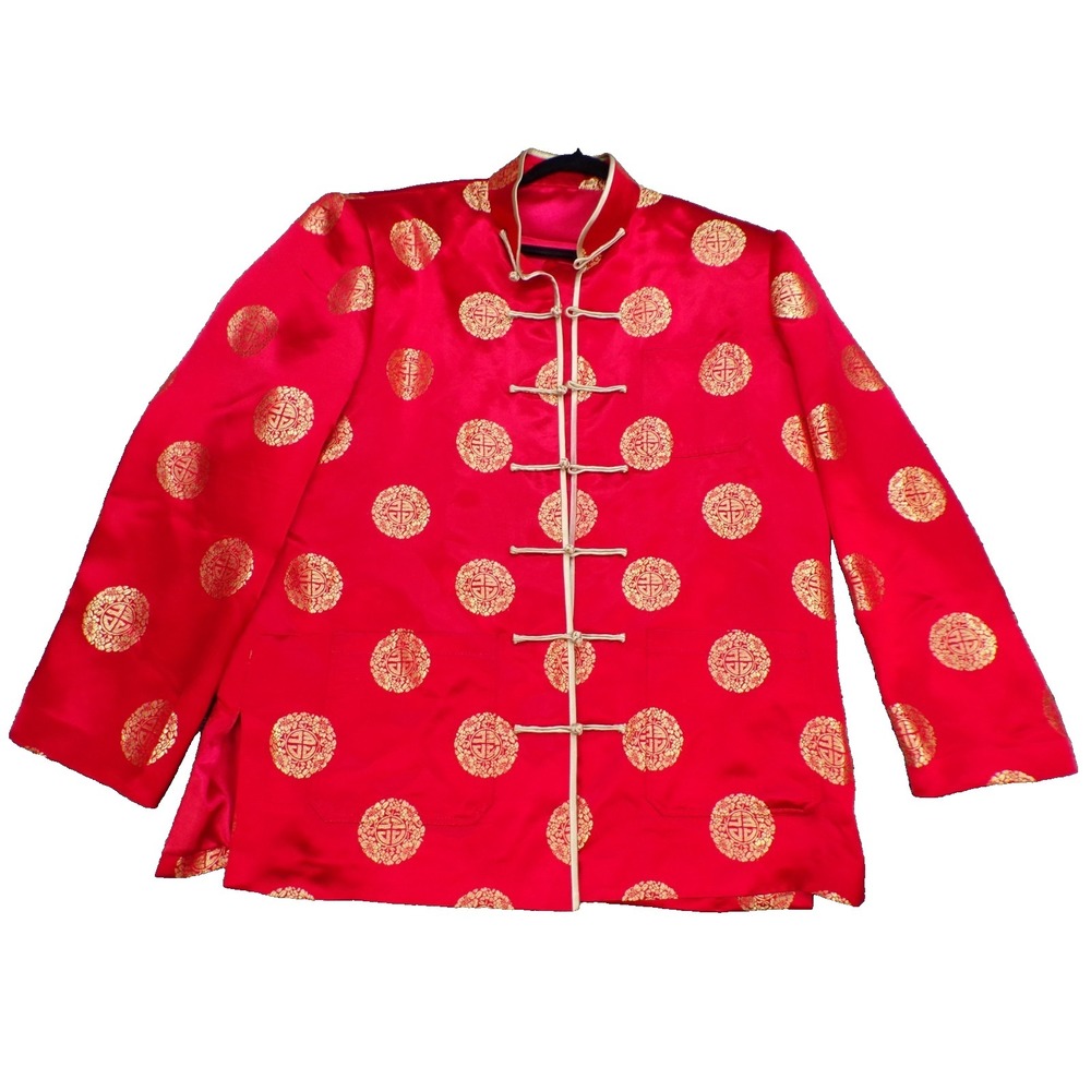 Chinese Tang Suit Jacket Deep Red Brocade Men's L (52) Traditional Frog Closure